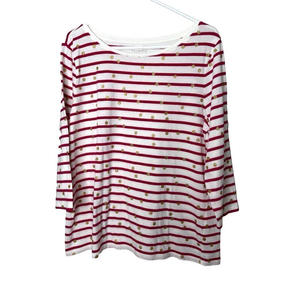 Talbots 3/4 Sleeve T-Shirt Pink White Stripe Gold Polka Dot Stretch Cotton